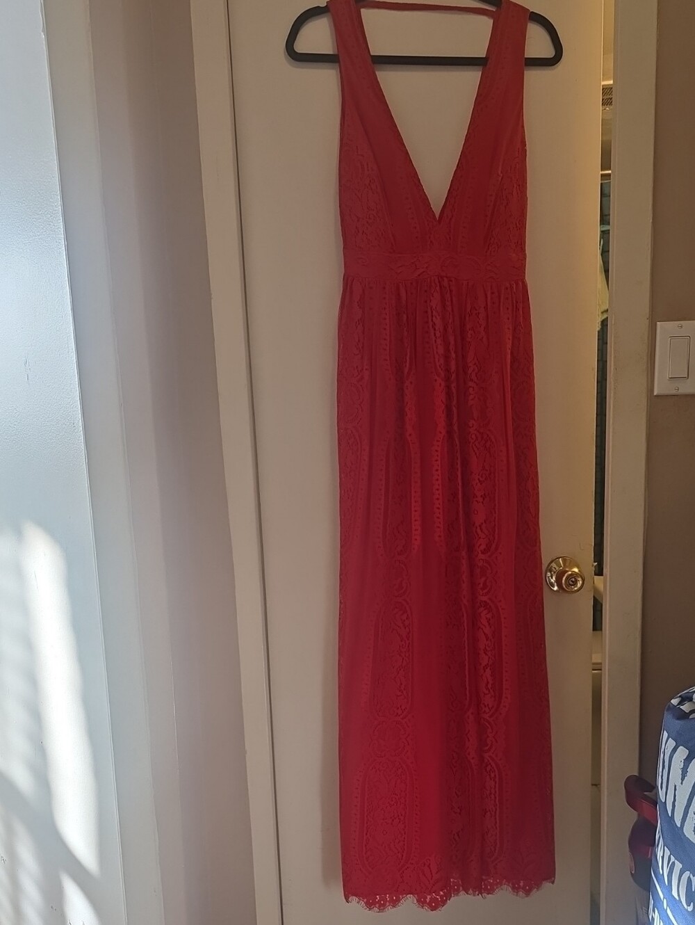 bebe Red Lace Maxi Gown with Deep V-Neck